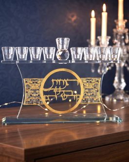 חנוכיה קריסטל פלקטה מוזהבת ירושלים27X19 סמ