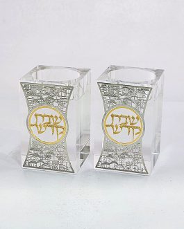 זוג פמוט קריסטל 8ס'מ פלקטה מוזהבת