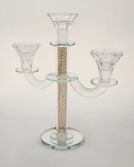 פמוט קריסטל 3קנים סליל זהב 26ס'מ