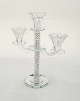 פמוט קריסטל 3קנים סליל כסף 26ס'מ